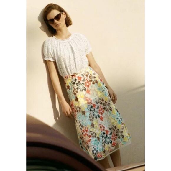 EVA FRANCO Anthropologie Meghan Embroidered Midi Skirt •4• Floral A Line EXC - Picture 6 of 16